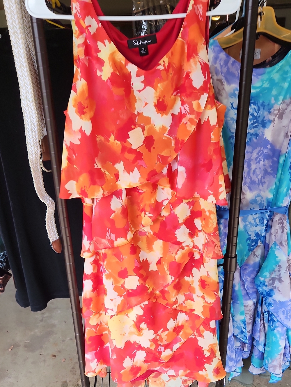 SL Fashions Red and Orange Floral Tiered Mini Dress with Cream Accents